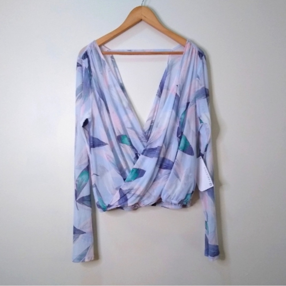 New Fabletics Treva Semi Sheer Floral Faux Wrap Top Purple XL